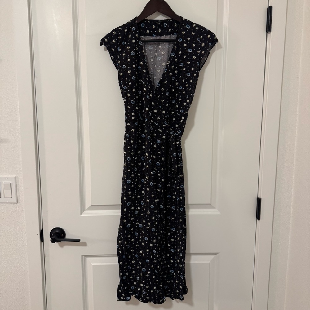 J. Crew Black Floral Midi Wrap Dress